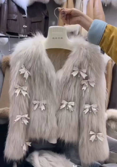 Pearl Embellished Faux Fur Jacket
