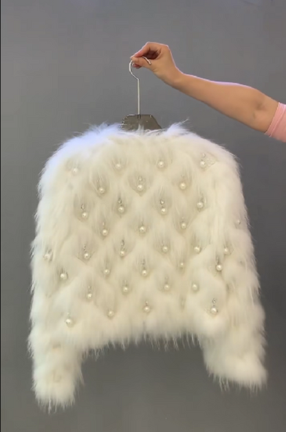 Pearl-embellished faux fur jacket